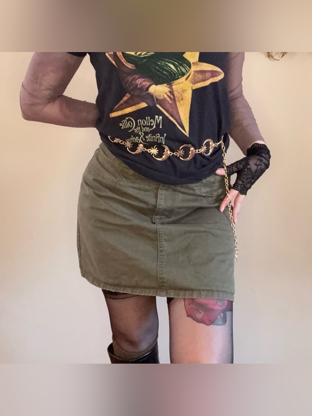 Grunge Paris Blues Vintage Khaki Green Mini Skirt 💚
